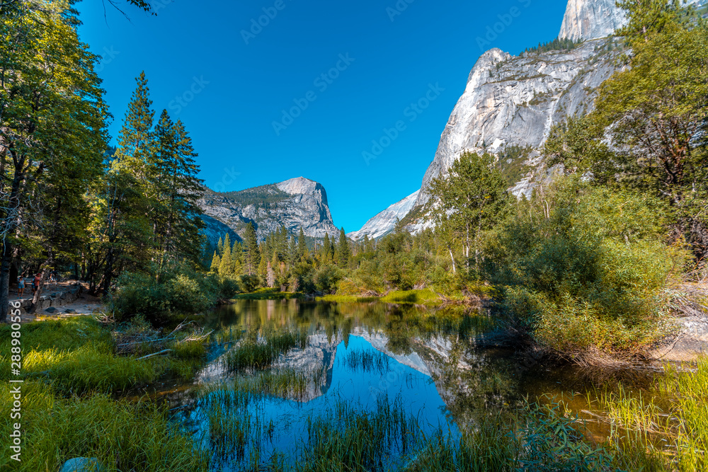 Reflections in the water of the Yosemite Mountains in Mirror lake, Yosemite. California, United States