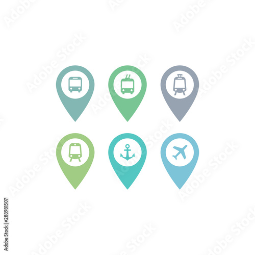 Location pin marker for bus  train station  subway  airport for map. Colorful vector location pin pointer set.