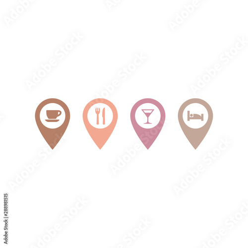 Location pin pointer with cafe, restaurant, bar and hotel sign. Colorful location pin vector markers.