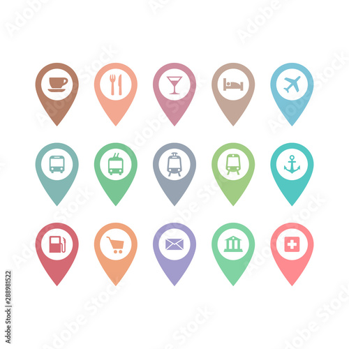 Location pin pointer vector set with cafe, restaurant, hotel, bus sign. Location pin markers with airport, train station, bank, hospital signs. 