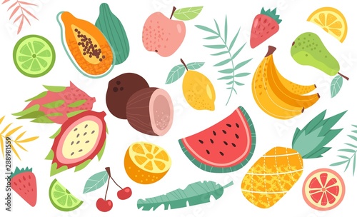 Set of doodle fruits. Natural tropical fruit  doodles citrus orange and vitamin lemon. Vegan kitchen apple hand drawn  organic fruits or vegetarian food. Vector isolated icons