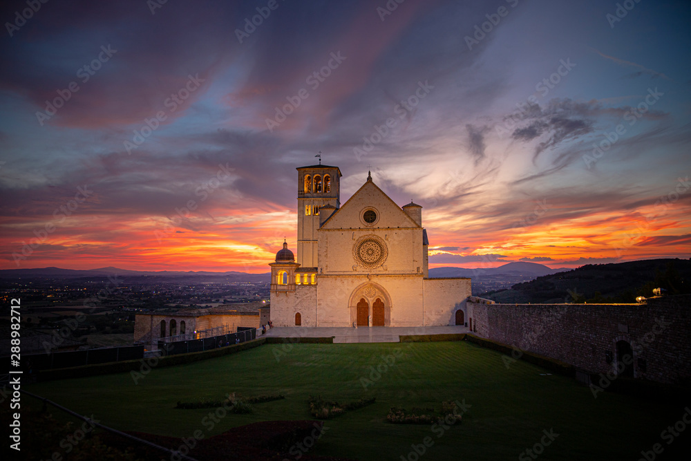 Basilica of St. Francis of Assisi (Italy) at sunset
