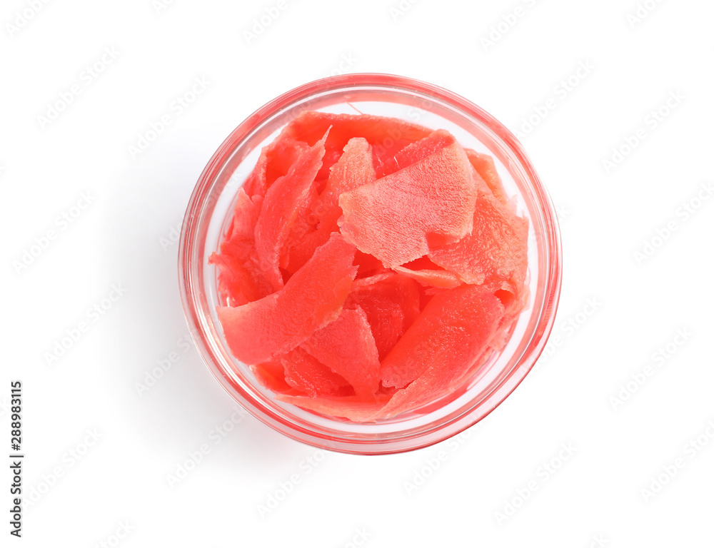 Piquant pickled ginger in bowl on white background, top view. Delicious sauce condiment Piquant pickled ginger in bowl on white background, top view. Delicious sauce condiment