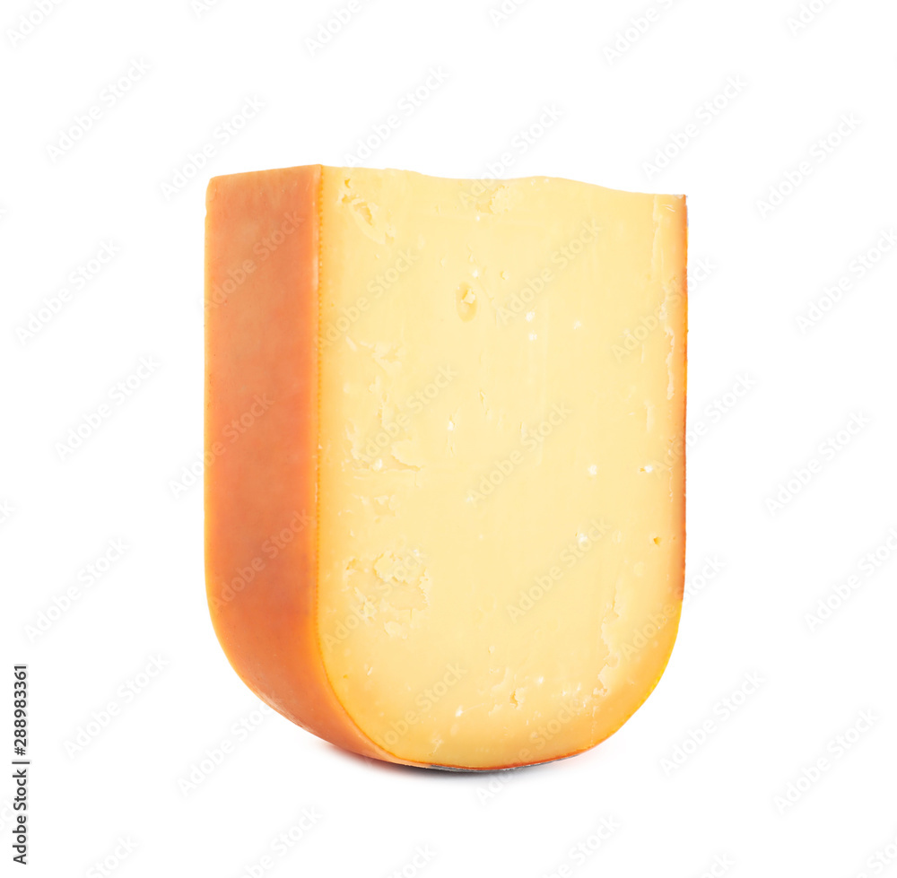 Piece of tasty cheddar cheese isolated on white