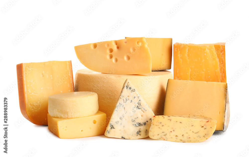 Composition with different kinds of tasty cheese on white background