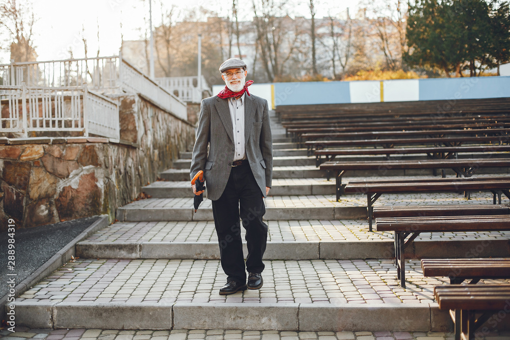 Handsome grandfather in a autumn park. Old man in a gray jacket and hat.