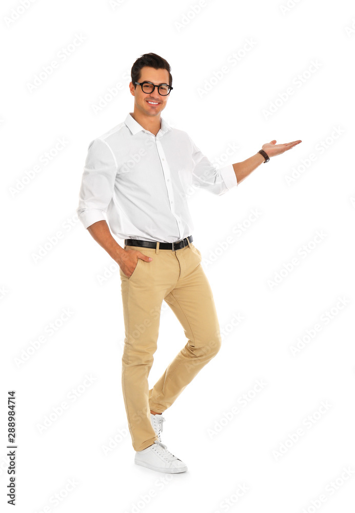 Professional business trainer pointing on something, white background Professional business trainer pointing on something, white background
