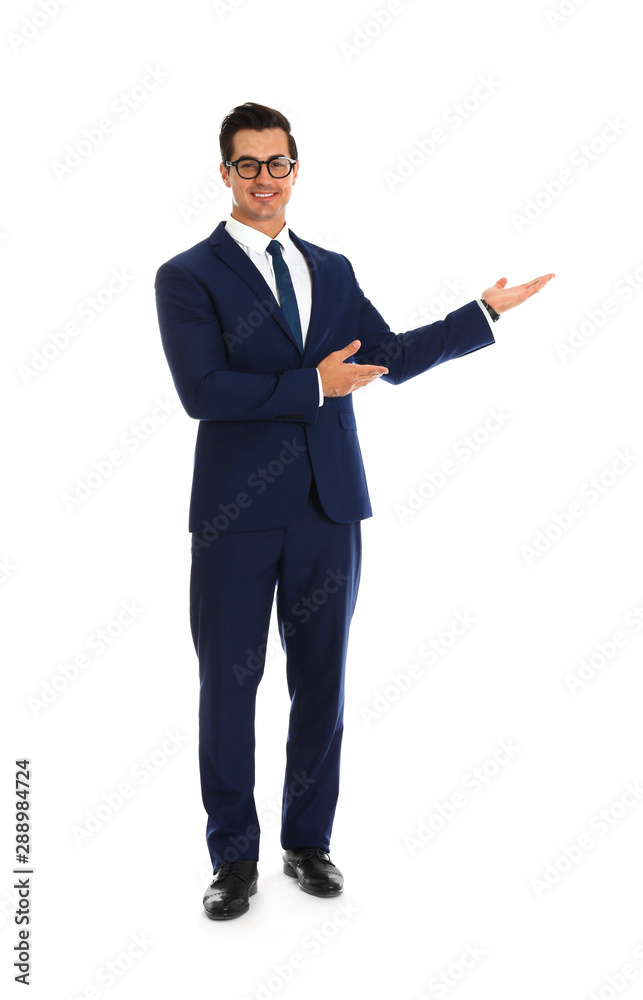 Professional business trainer pointing on something, white background Professional business trainer pointing on something, white background