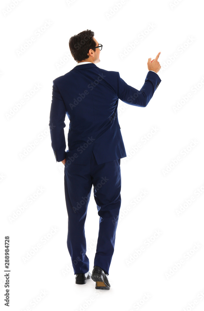 Professional business trainer pointing on something, white background Professional business trainer pointing on something, white background