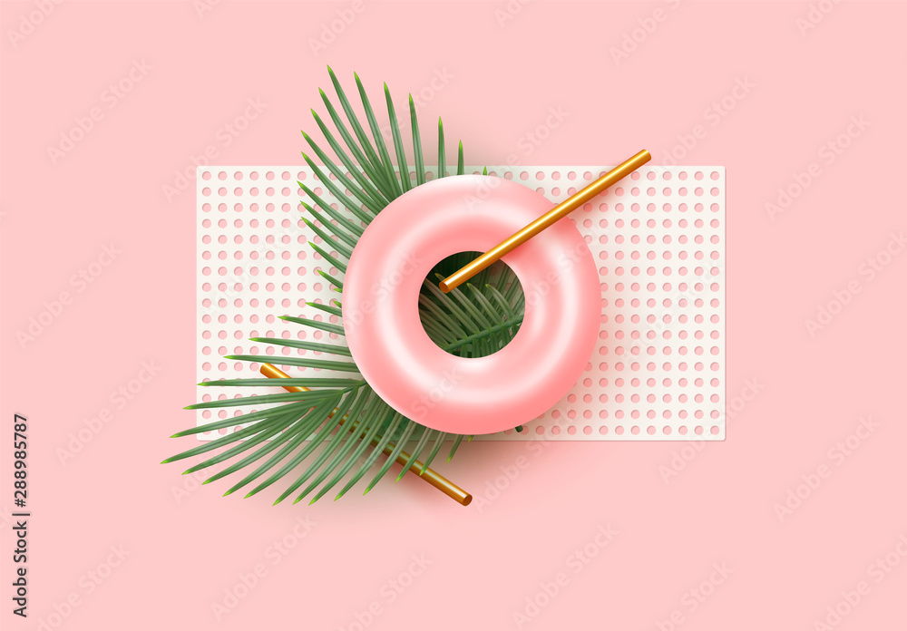Minimal 3d design with realistic objects, green palm leaves and branches, round torus and donuts, patterned white mesh. Pink and coral background with elements of realism. vector illustration - obrazy, fototapety, plakaty 