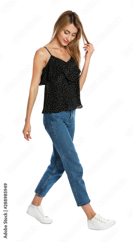 Beautiful young woman posing on white background Beautiful young woman posing on white background