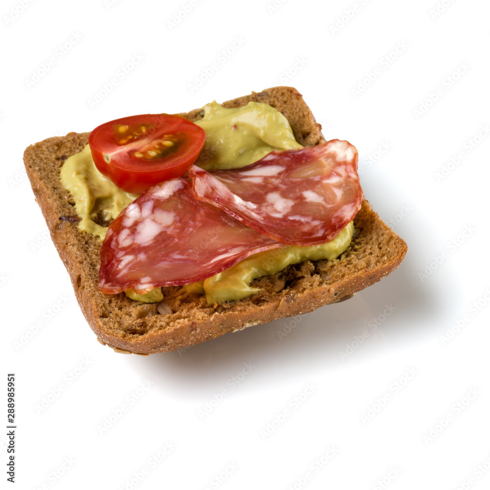 Canape with salami. Open faced sandwich crostini isolated on white background closeup. Appetizer tartarine.