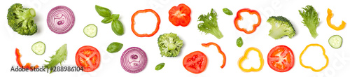 Creative layout made of tomato slice, onion, cucumber, basil leaves. Flat lay. Food concept. Vegetables isolated on white background. Banner.