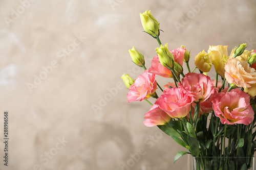 Eustoma flowers against beige background, space for text