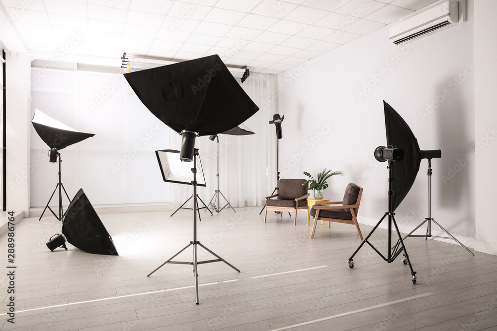 Professional photo studio equipment prepared for shooting interior