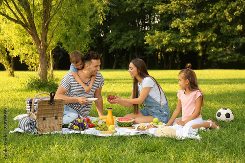 Tapeta Happy family having picnic in park on sunny summer day