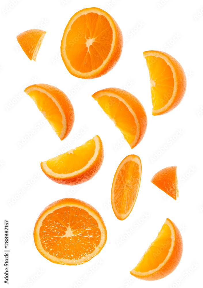 falling fresh orange fruit slices isolated on white background closeup. Flying food concept. Top view. Flat lay. Orange slice in air, without shadow. falling fresh orange fruit slices isolated on white background closeup. Flying food concept. Top view. Flat lay. Orange slice in air, without shadow.