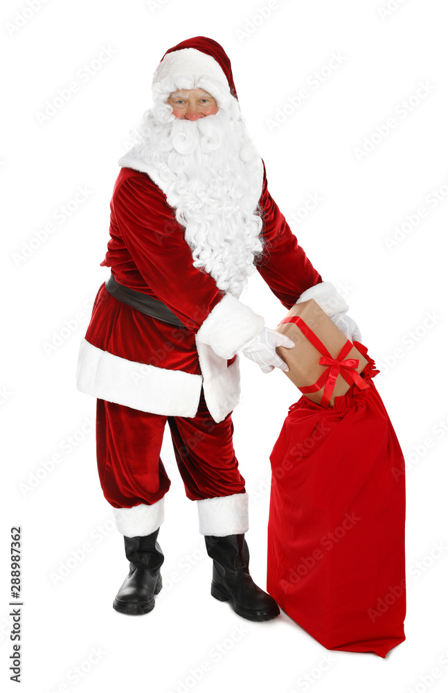 Authentic Santa Claus with sack and gifts on white background Authentic Santa Claus with sack and gifts on white background
