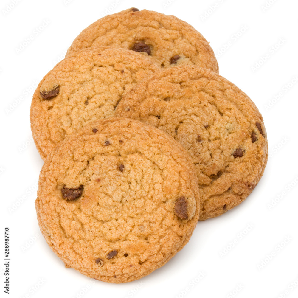 Chocolate chip cookies isolated on white background. Sweet biscuits. Homemade pastry. Chocolate chip cookies isolated on white background. Sweet biscuits. Homemade pastry.