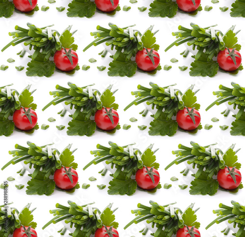 Spring onions and cherry tomato in bowl . Seamless food pattern.