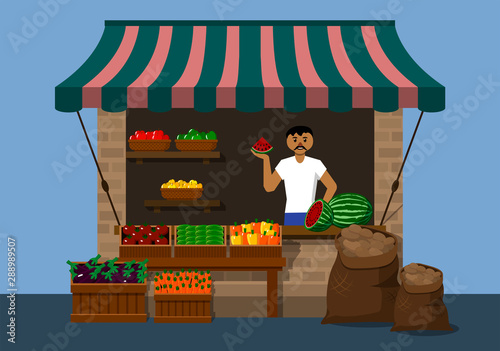 Cartoon Farmer Vegetable Seller at the Counter Organic Food Farm Flat Design Style.