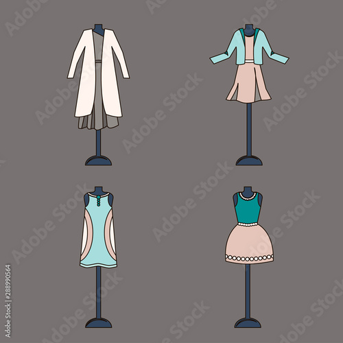 Collection of women clothing in pastel colors on a mannequin.