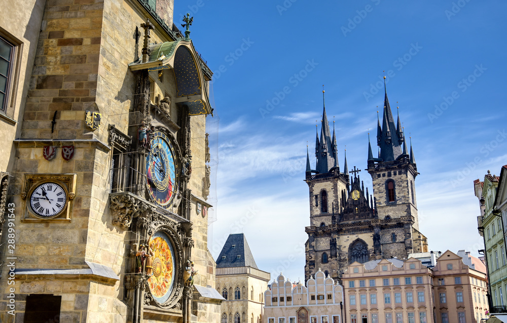 Obraz premium The Prague Astronomical Clock located at the Old Town Hall and the Church of Our Lady before Tyn in Prague, Czech Republic.