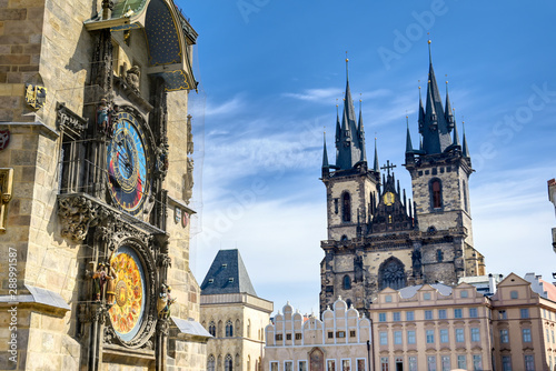 The Prague Astronomical Clock located at the Old Town Hall and the Church of Our Lady before Tyn in Prague, Czech Republic.