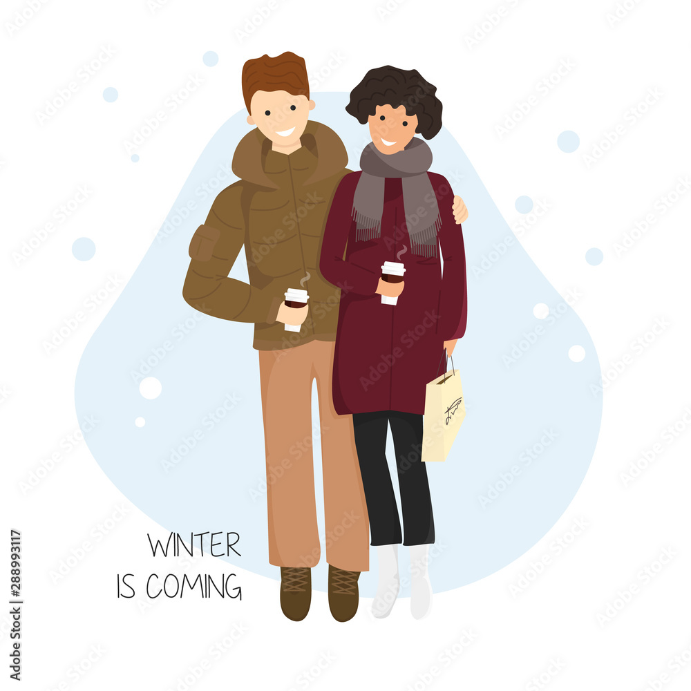 Vector Illustration of Couple with Hot Chocolate in Flat Cartoon Style.  Happy Romantic Couple Walking and Drinking Coffee. Boyfriend Hugs  Girlfriend in Snowing Time. Design Concept of Winter is Coming Stock Vector  |