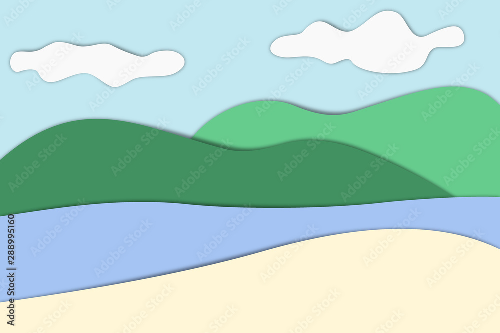 Mountain landscape scene with a river and clouds in a pale blue sky, illustration