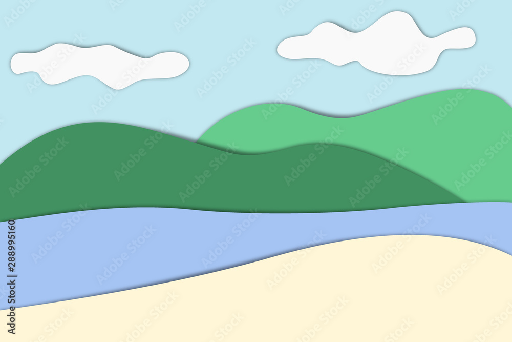 Obraz premium Mountain landscape scene with a river and clouds in a pale blue sky, illustration