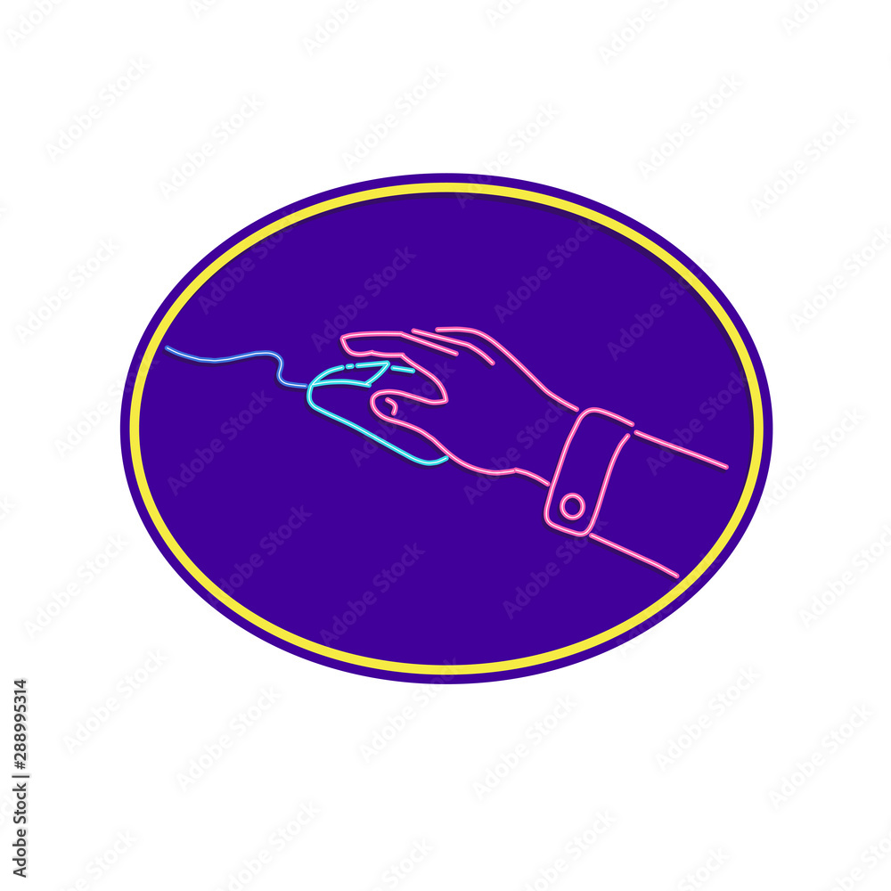 Retro style illustration showing a 1990s neon sign light signage lighting of a hand clicking computer mouse set in oval on isolated background. Retro style illustration showing a 1990s neon sign light signage lighting of a hand clicking computer mouse set in oval on isolated background.