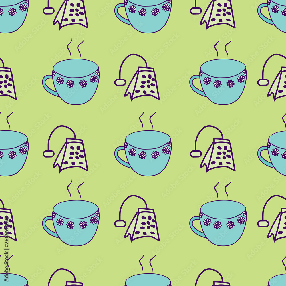 Cute tea cups and teabags geometrically aligned on a light green background . Cute tea cups and teabags geometrically aligned on a light green background .
