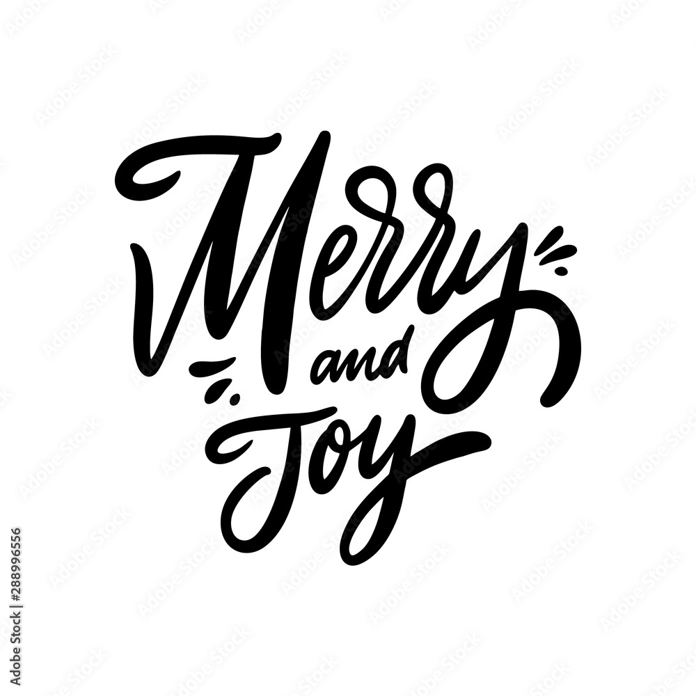 Merry and Joy holiday lettering phrase. Hand drawn vector illustration. Black ink. Isolated on white background.