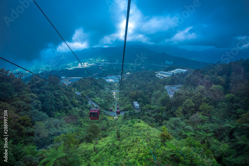 cable car Genting highland Malaysia-April 2018: Viwe from above in cable car for the genting highland in a cloudy day 