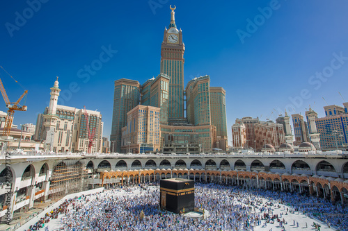 MECCA,Saudi ARABIA-April-27-2018 Muslim pilgrims.from allover the World gathered to.makkah blue sky background.
