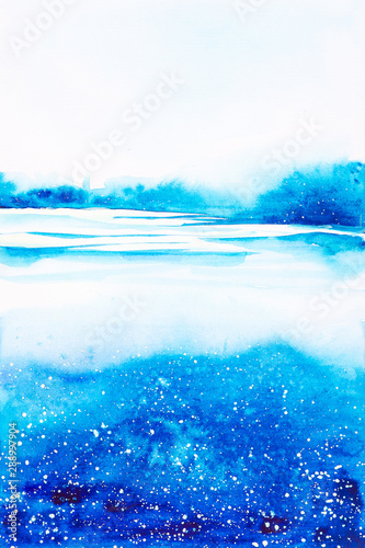 Abstract watercolor illustration of a night landscape de the lake with falling snow