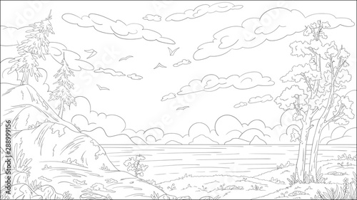 Coloring book landscape. Hand draw vector illustration with separate layers.