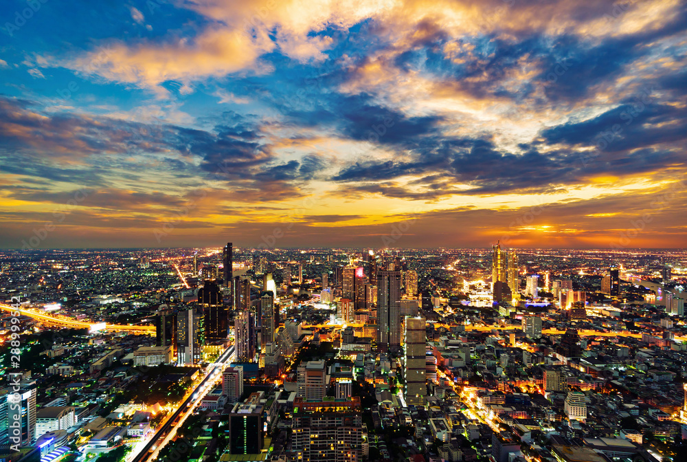 Bangkok city with Chao Phraya River at sunset, Thailand