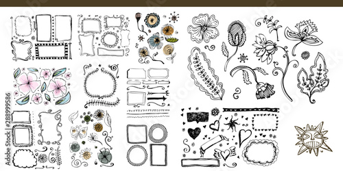 Hand drawn line, border, frame vector design element set. Template for invitation or greeting card.