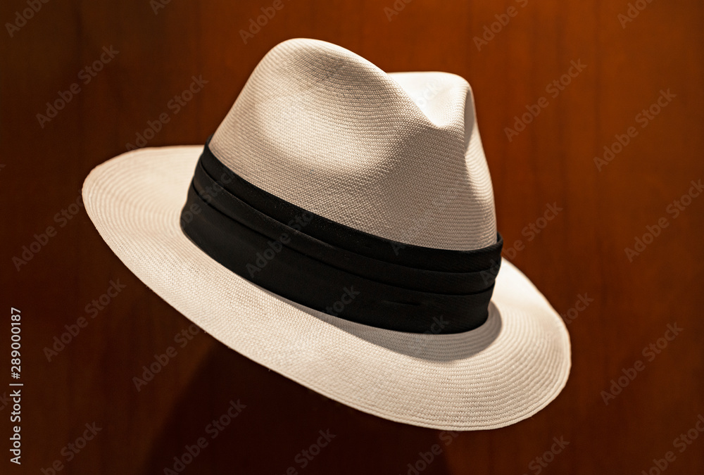 A traditional Panama hat or traditional brimmed straw hat made of the Toquilla palm, Cuenca, Ecuador.