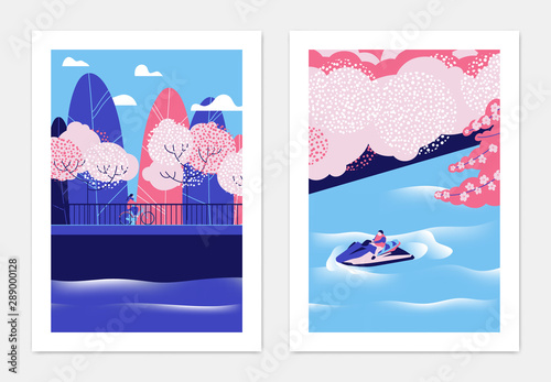 Spring landscape poster design, cherry blossom trees beside the river, pink and blue tones