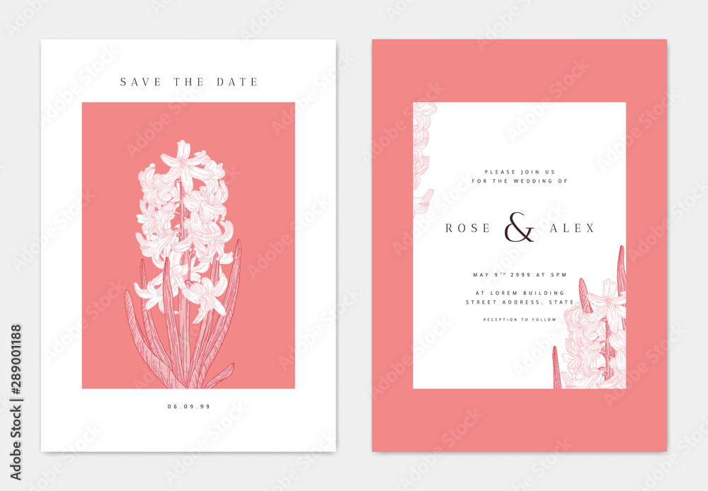 Minimalist botanical wedding invitation card template design, hyacinth flowers with leaves line art ink drawing, red and white tones Minimalist botanical wedding invitation card template design, hyacinth flowers with leaves line art ink drawing, red and white tones
