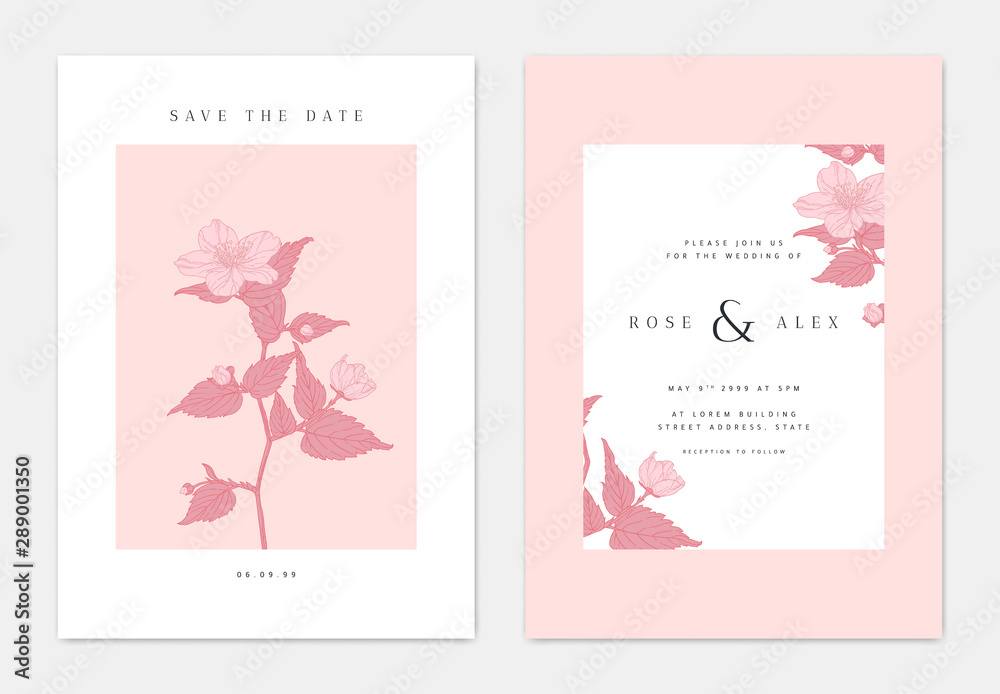 Minimalist botanical wedding invitation card template design, wild flowers with leaves line art ink drawing, pink and white tones