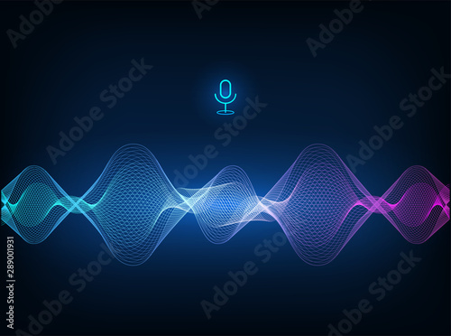 Voice assistant concept. Vector sound wave. Microphone voice control technology, voice and sound recognition. Hi-tech AI assistant voice, background wave flow, equalizer. Vector illustration  photo
