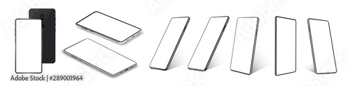 A collection of smartphones at different angles. Mobile phones isolated on white background, different sides of the Mockups. Smartphone generic device. 3D realistic gadgets. Rotated position. Vector