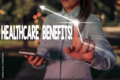 Writing note showing Healthcare Benefits. Business concept for monthly fair market valueprovided to Employee dependents