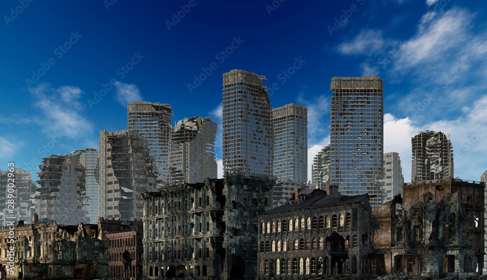 Ruins of a city apocalyptic landscape 3d illustration concept - obrazy, fototapety, plakaty 