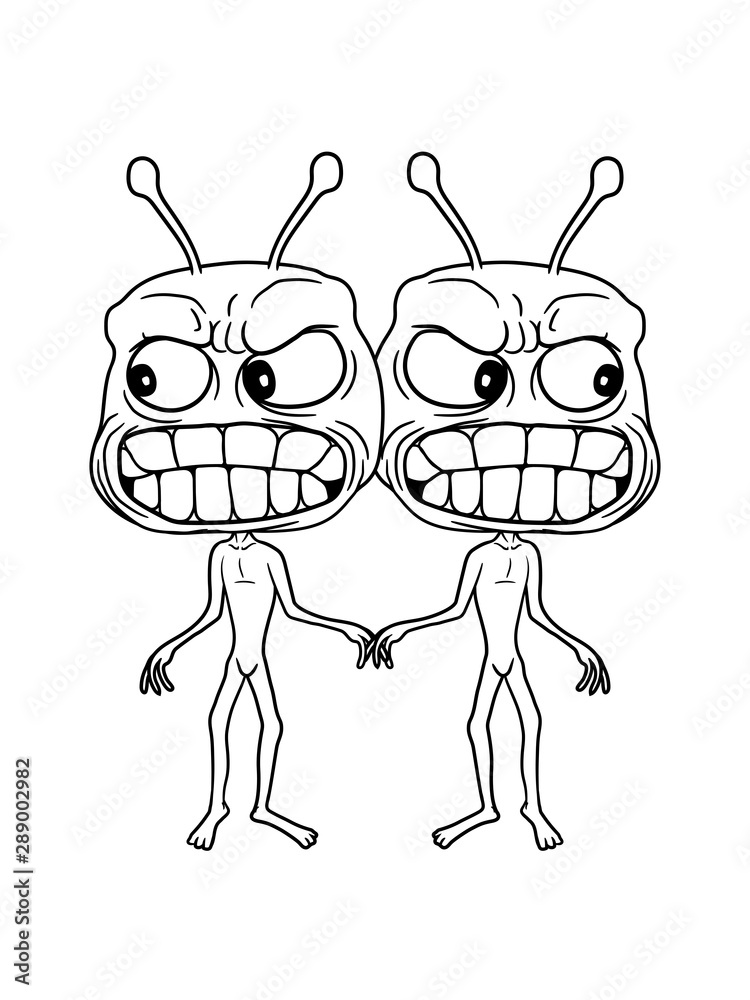 Fototapeta premium böse 2 freunde paar pärchen team alien monster ausserirdischer wütend sauer verärgert zähne knirschen wahnsinnig werden durchdrehen comic cartoon clipart gesicht lustig