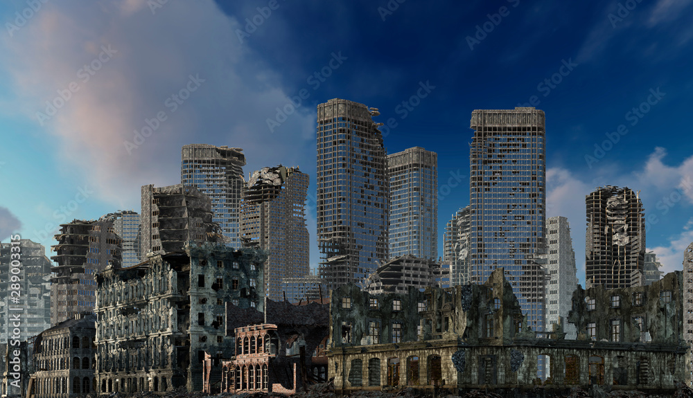 Obraz premium Ruins of a city apocalyptic landscape 3d illustration concept